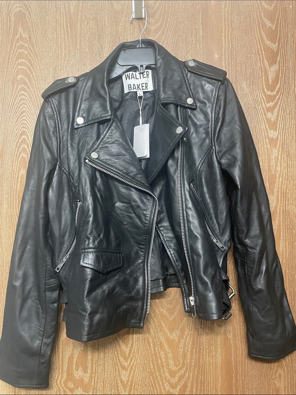 Walter Baker Black Leather Moto Biker Jacket with Silver Hardware
